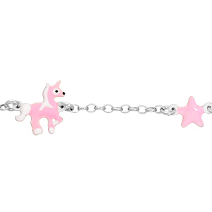 Bracelet en argent rhodié chaîne avec licorne et étoile rose 14+2cm