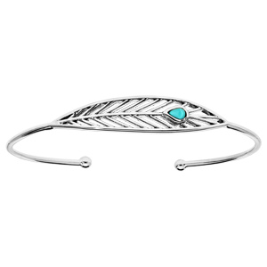 Bracelet jonc en argent rhodié avec plume et pierre turquoise