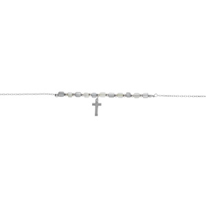 Bracelet argent rhodié pampille croix avec perles nacre véritable blanche et teintée bleu  réglable 16 à 19cm