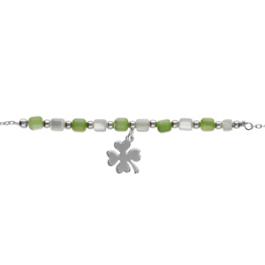 Bracelet argent rhodié pampille trèfle et perles nacre véritable blanche et teintée verte  réglable 16 à 19cm