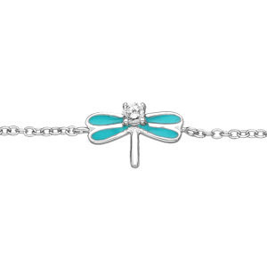 Bracelet en argent rhodié chaîne avec libellule turquoise et oxydes blancs sertis 13+4cm