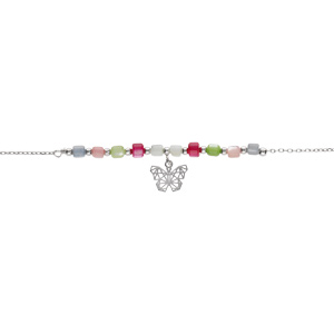 Bracelet argent rhodié pampille papillon et perles nacre véritable teintée  réglable 16 à 19cm