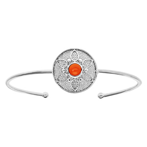 Bracelet jonc en argent rhodié avec pastille ronde motif fleur et pierre couleur corail