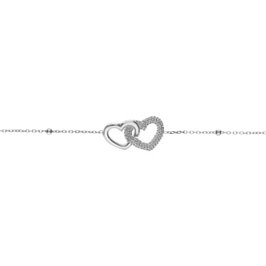 Bracelet argent rhodié chaîne boules 2 coeurs entrelacés 1 lisse et 1 perlé réglable 16 à 19cm