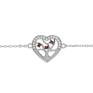 Bracelet en argent rhodié massif chaîne avec coeur découpe arbre de vie avec pierres rouges 16+3cm