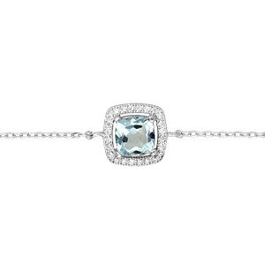 Bracelet en argent rhodié massif chaîne avec Topaze bleue carré aux contours d’oxydes blancs sertis 16,5+3cm