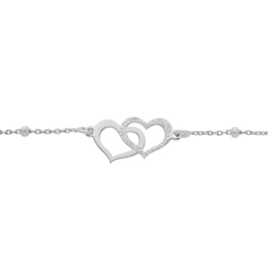 Bracelet en argent rhodié chaîne avec boule et double coeur granité 15+3cm