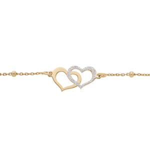 Bracelet en argent et dorure jaune chaîne avec boule et double coeur granité 15+3cm