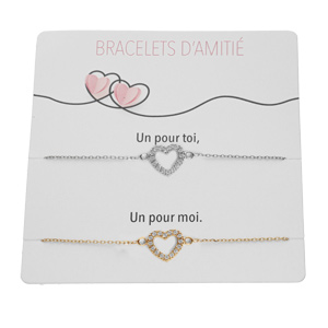 Bracelets d'amitié en argent rhodié et 1 avec dorure jaune avec coeurs contour oxydes blancs sertis