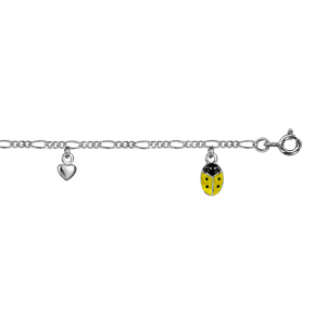 Bracelet enfant en argent rhodié chaîne 3+1 avec pampilles coccinelles jaunes et coeurs 14+2cm