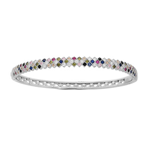 Bracelet jonc en argent rhodié articulé damier avec oxydes multi couleurs diamètre 60mm