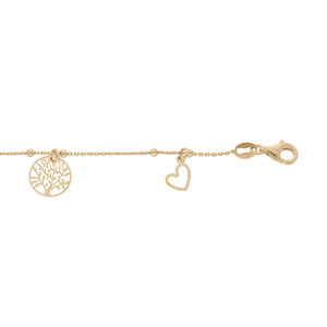 Bracelet en argent et dorure jaune fine boules pampilles coeurs et arbre de vie 16+3cm