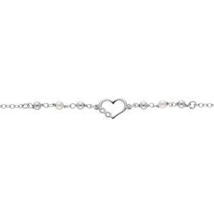 Bracelet en argent rhodié chaîne avec boules et perles blanches de synthèse avec coeur et infini 16+