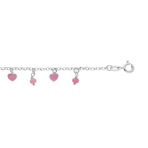 Bracelet enfant en argent rhodié chaîne avec pampilles coeurs et boules pierres facetés roses 13+3cm