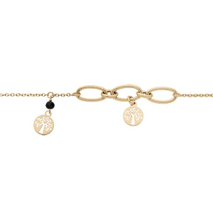 Bracelet en argent et dorure jaune chaîne avec gros maillons et pampilles arbre de vie et pierre faceté de couleur noire 16+3cm