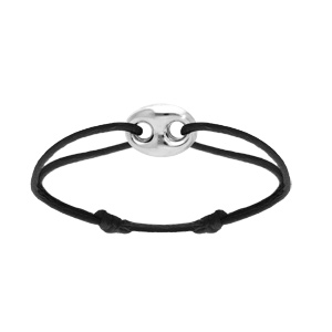 Bracelet en argent rhodié cordon noir coulissant avec motif grain de café 12 x 16mm