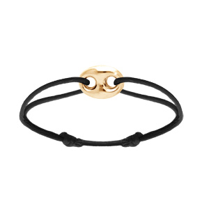 Bracelet en argent et dorure jaune cordon noir coulisant avec motif grain de café 12 x 16mm