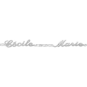 Bracelet en argent chaîne mailles 1+1 largeur 2mm avec découpe anglaise 2 prénoms – longueur 18,5cm réglable 17cm