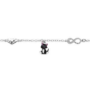 Bracelet en argent rhodié chaîne avec motif infini et coeur et chat noir et blanc 12,5+3cm