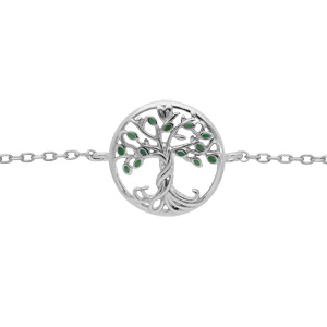 Bracelet en argent rhodié chaîne avec pastille arbre de vie couleur verte 15+2.5cm
