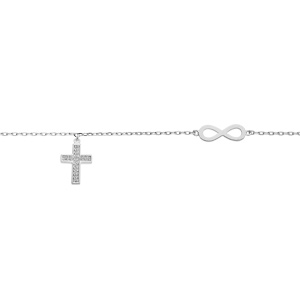 Bracelet en argent platiné infini et pampille croix oxydes blancs sertis 16+3cm
