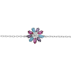 Bracelet en argent rhodié chaîne avec fleur d’oxydes multi couleurs 16+2cm
