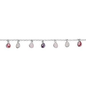 Bracelet en argent rhodié chaîne avec pampilles oxydes multi couleurs en forme de goutte 15+4cm