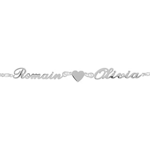 Bracelet en argent chaîne mailles 1+1 largeur 2mm avec découpe anglaise 2 prénoms séparés par un coeur – longueur 18,5cm réglable 17cm