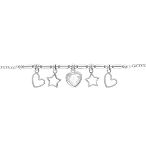 Bracelet en argent rhodié chaîne avec pampilles coeurs , étoile 16+3cm