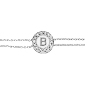 Bracelet en argent rhodié double chaîne pastille ronde recto initiale B verso noir avec contour oxydes blancs sertis 16+3cm