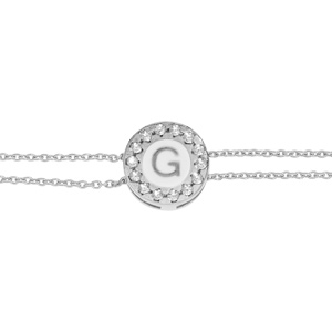Bracelet en argent rhodié double chaîne pastille ronde recto initiale G verso noir avec contour oxydes blancs sertis 16+3cm