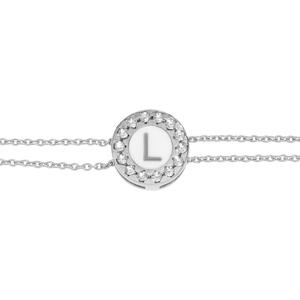 Bracelet en argent rhodié double chaîne pastille ronde recto initiale L verso noir avec contour oxydes blancs sertis 16+3cm