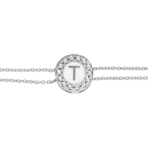 Bracelet en argent rhodié double chaîne pastille ronde recto initiale T verso noir avec contour oxyd