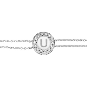 Bracelet en argent rhodié double chaîne pastille ronde recto initiale U verso noir avec contour oxyd