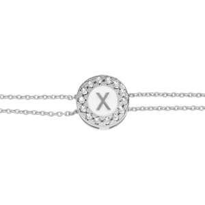 Bracelet en argent rhodié double chaîne pastille ronde recto initiale X verso noir avec contour oxyd