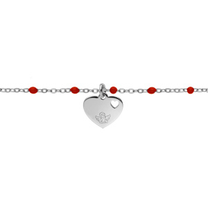 Bracelet en argent rhodié chaîne avec boules couleur rouges avec coeur 15+3cm