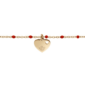 Bracelet en argent et dorure jaune chaîne avec boules couleur rouges avec coeur 15+3cm
