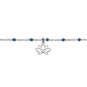 Bracelet en argent rhodié chaîne avec boules couleur bleu et pampille fleur de lotus 15+3cm