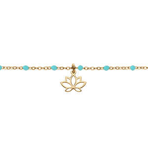 Bracelet en argent et dorure jaune chaîne avec boules couleur bleu et pampille fleur de lotus 15+3cm