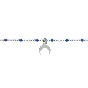 Bracelet en argent rhodié chaîne avec boules couleur bleues pampille demi-lune 15+3cm