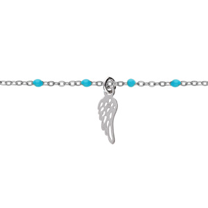 Bracelet en argent rhodié chaîne avec boules couleur turquoise et pampille plume 15+3cm