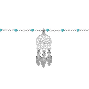 Bracelet en argent rhodié chaîne avec boules couleur turquoise pampille attrape rêve 15+3cm