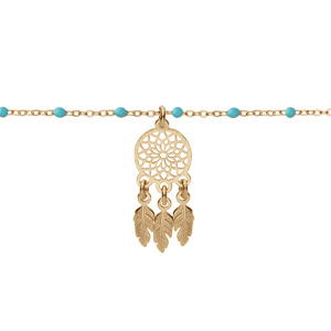 Bracelet en argent et dorure jaune chaîne avec boules couleur turquoise pampille attrape rêve 15+3cm