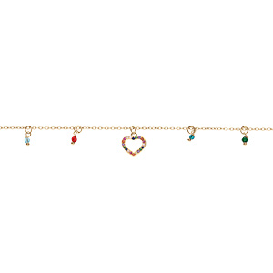 Bracelet en argent et dorure jaune chaîne avec coeurs et pampilles empierrés multi couleurs 15+3cm
