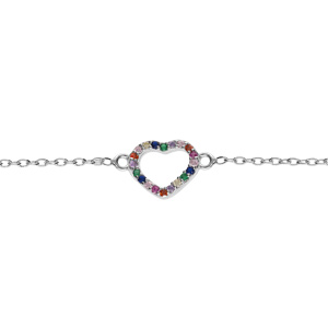 Bracelet en argent rhodié chaîne avec coeur empierrés multi couleurs 15+3cm