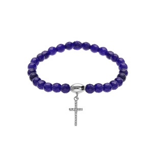 Bracelet extensible en argent rhodié avec pierres naturelles 6mm Agate bleu foncé et pampille croix 
