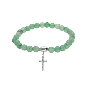Bracelet extensible en argent rhodié avec pierres naturelles 6mm Agate verte avec croix 15mm oxydes 