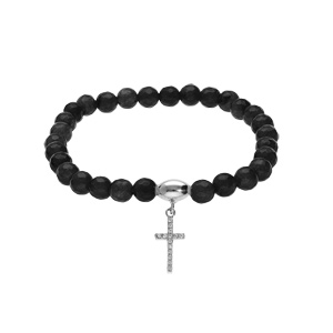 Bracelet extensible en argent rhodié avec pierres naturelles 6mm Agate noire avec croix 15mm oxydes 