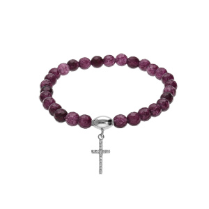 Bracelet extensible en argent rhodié avec pierres naturelles 6mm Agate violette avec croix 15mm oxydes blancs