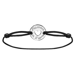 Bracelet en argent cordon noir coulissant avec rondelle « Maman on t’aime » au milieu